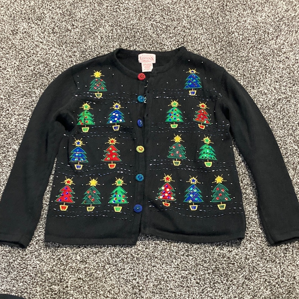 Basic Editions Holiday Festive Black Cardigan with Colorful Christmas Trees